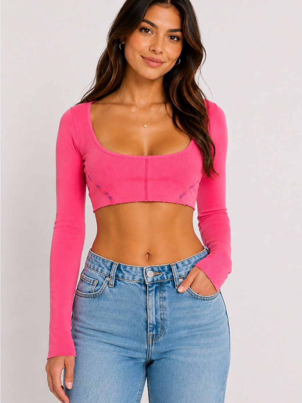 Out From Under Neon Pink Ribbed Long Sleeve Cropped Top Size Small